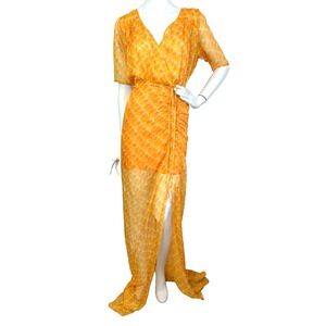 Eywasouls Malibu Elsa Dress Size M Maxi Orange Yellow Geo Print Short Sleeve